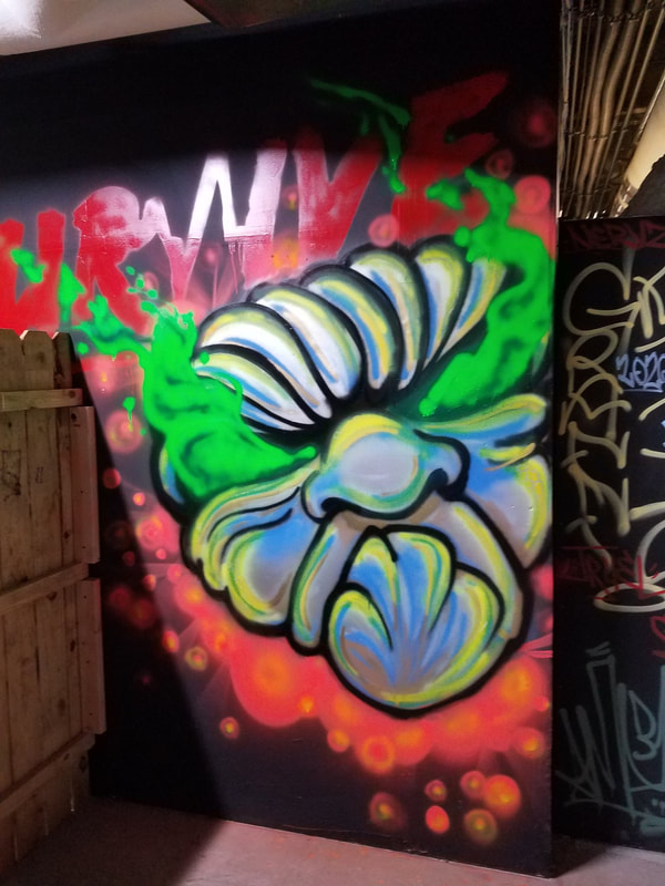 Cool Cyborg Cartoon Graffiti Mural by Become More at Graffiti Attic in Union Station KC MO 
